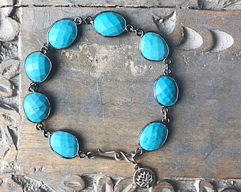Turquoise Bracelet, Faceted Gemstone Bezel Link Bracelet, Charm Bracelet, Statement Boho Bracelet, Sterling Artisan Bracelet