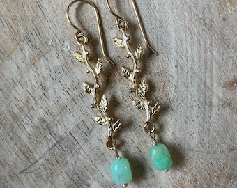 Apple Green Gemstone Earrings, Gold Branch Earrings, Chrysoprase Gemstone Earrings, Dangle Earrings, Long Earrings, Artisan Earrings