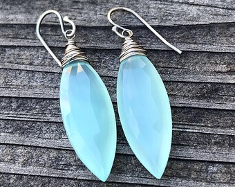 Blue Chalcedony Earrings, Gemstone Earrings, Sterling Artisan Gemstone Earrings, Marquis Cut Earrings, Long Dangle Earringsb Blue Gems