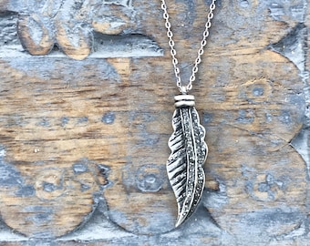 Pave Diamond Feather Pendant Necklace, Sterling Silver Charm Necklace, Layering Necklace, Sparkling Womens Gift Birthday Necklace, Gemstone
