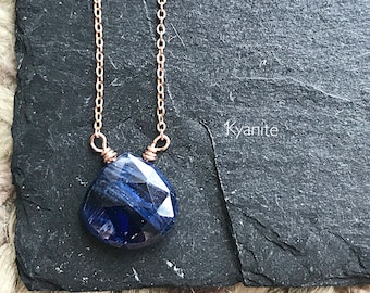 Kyanite Necklace, Rose Gold Necklace, Minimalist Necklace, Gemstone Drop Necklace, Briolette Necklace, Layering Necklace, Womens Necklace