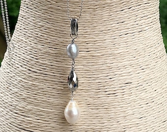 Long Pearl Necklace, Mixed Pearl Gemstone Necklace, Artisan Necklace, Sterling Silver and Pearl Necklace, Womens Necklace, Layering Necklace