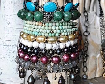 Turquoise Bracelet, Gemstone Bezel Sterling Bracelet, Gemstone Link Bracelet, Lotus Charm Bracelet, Sterling Artisan Bracelet, Gem Bracelet