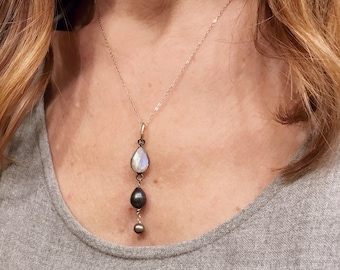 Cascading Gemstone Necklace, Multi Gemstone Necklace, Oxidized Sterling Necklace, Moonstone Necklace, Pearl Accent Necklace, Mixed Metals
