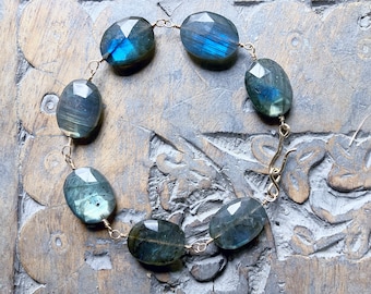 Labradorite Bracelet, Gold Gemstone Bracelet, Layering Bracelet, Gemstone Artisan Bracelet, Statement Bracelet, Oval Gemstone Jewelry Gift