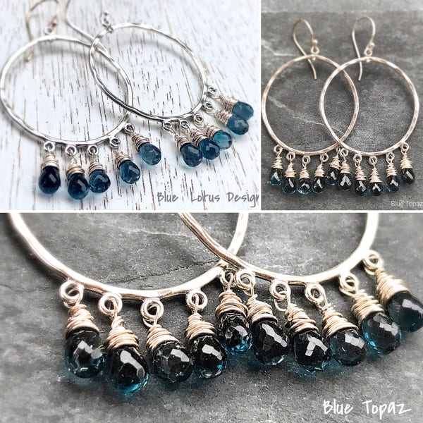 London Blue Topaz Dangle Hoop Earrings / Hammered Sterling Silver Circle Gemstone Earrings / Boho Stsyement Earrings