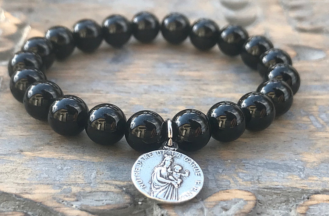 Black Onyx Religious Medal Bracelet, Iconic Medal Gemstone Layering