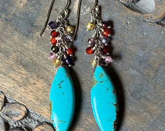 Turquoise and Gemstone Dangle Earrings, Colorful Zircon Earrings, Long Fringe Earrings, Artisan Earrings, Healing Jewelry, Womens Earrings