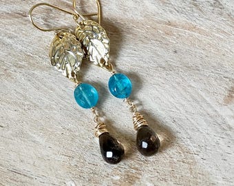 Gemstone Earrings, Tiered Gemstone Earrings, Apatite Earrings, Gold Earrings, Long Earrings, Smoky Quartz Earrings, Leaf Earrings, Artisan