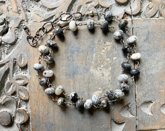 Dendritic Opal Necklace, Gemstone Necklace, Sterling Silver Rosary Style Chain Necklace, Beaded Necklace, Artisan Layering Necklace