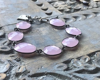 Rose Quartz Bracelet, Faceted Gemstone Link Bracelet, Artisan Bracelet, Sterling Silver Heart Charm  Bracelet, Statement Bracelet, Bracelet