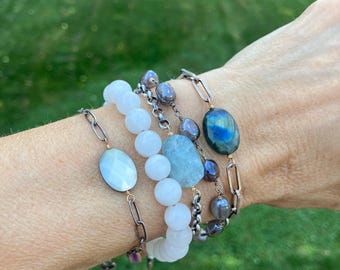 Chocolate Moonstone Bracelet, Sterling Beaded Bracelet, Lady of Guadalupe Charm Bracelet, Sterling Artisan Bracelet, Spiritual Jewelry,