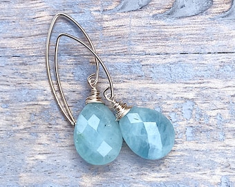 Aquamarine Earrings, Gemstone Drop Earrings, Gold Earrings, Long Earrings, Dangle Earrings, Faceted Aquamarine Earrings, Womens Earrings