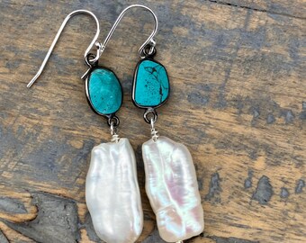 Turquoise and Pearl Earrings, Artisan Sterling Earrings, Gemstone Earrings, Sterling Silver Earrings, Multi Gemstone Earrings, Gift Earrings