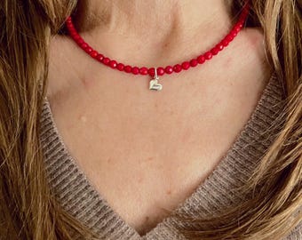 Gorgeous Genuine Coral Necklace, Gemstone Necklace, Artisan Necklace, Sterling Heart Charm Necklace, Layering Necklace, Red Gem Necklace