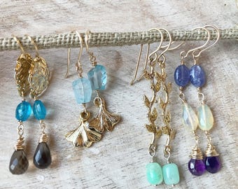 Multi-gemstone Earrings, Cascading Earrings, Tanzanite, Earrings, Opal Earrings, Amethyst Earrings, Gold Artisan Dangle Earrings