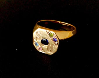 Vintage Man’s Signet Ring - 10K Solid Gold, Size 8.5 - 3.75  mm Rd Blue Sapphire with 4 other small stones MGJS-SIG