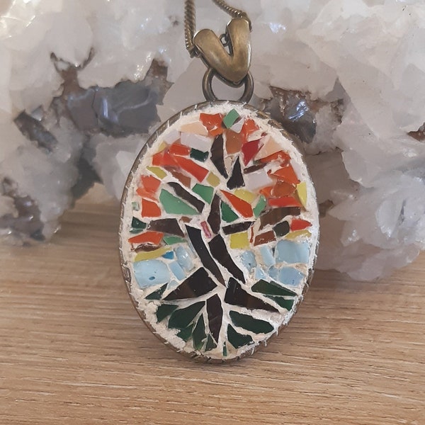 Micro Mosaic Pendentif / Collier, arbre de vie, art de la mosaïque de verre. bijoux en mosaïque / cadeau pour elle / pour femme / pour fillefrend / beaucoup de couleurs / ovale