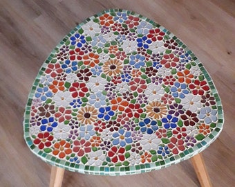 Floral Mosaic Coffee Table: Small Triangle Glass Tile Art