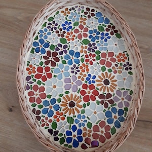 Floral Mosaic Serving Tray: Wicker Edge, Glass Tile Decor