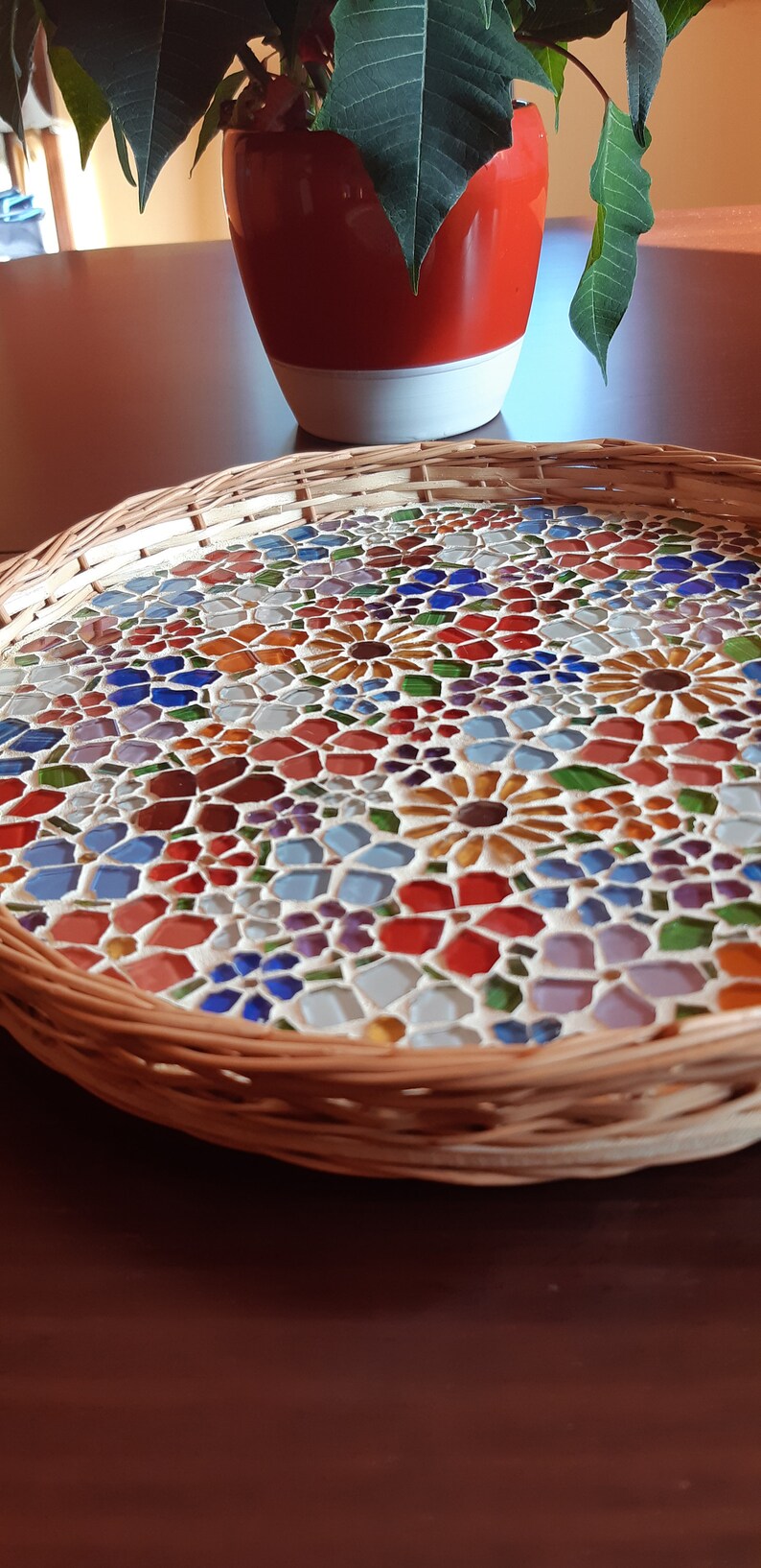 Round Serving tray/ mosaic flower bohemian/mosaic art/glass Etsy