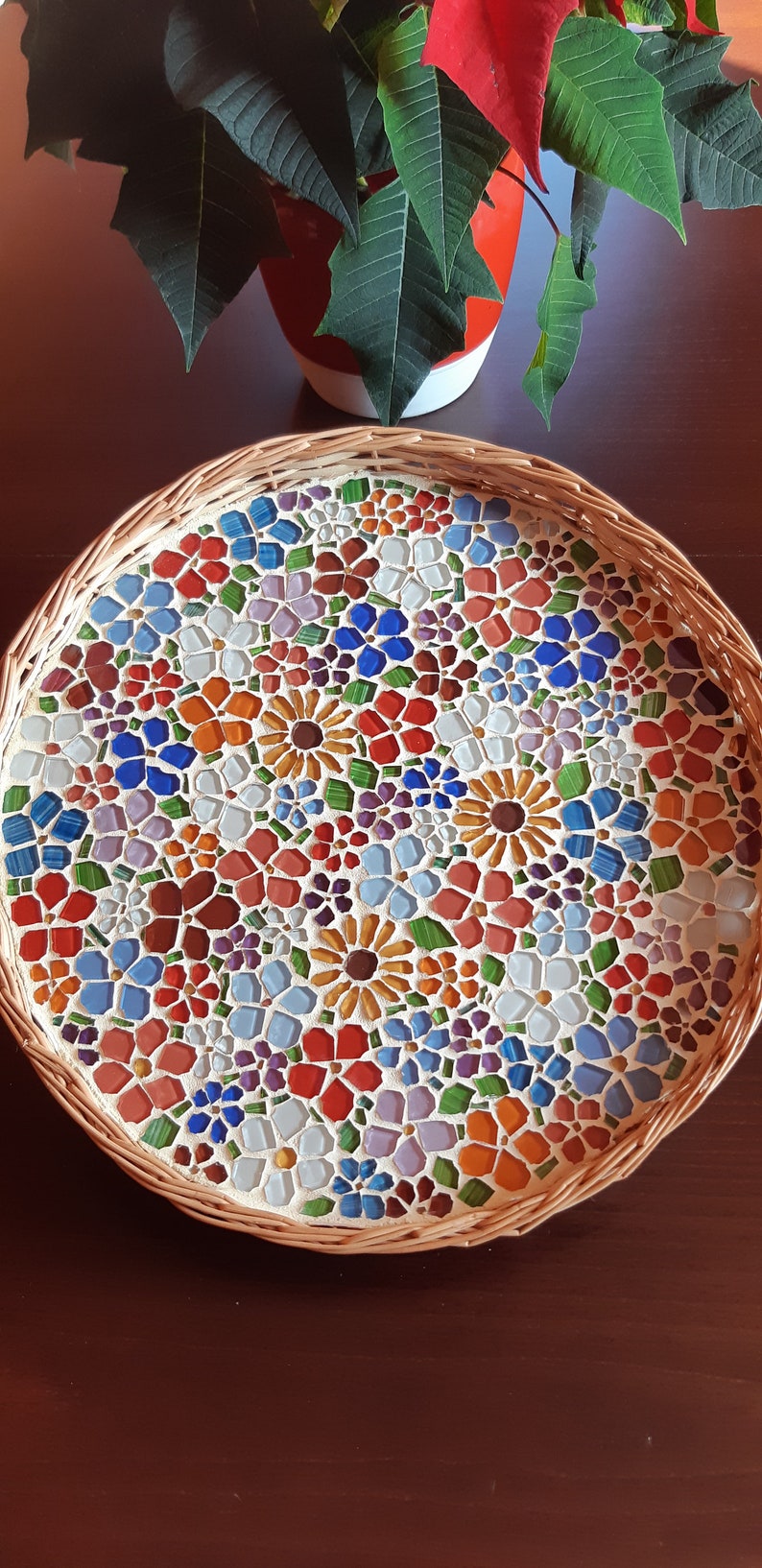 Round Serving tray/ mosaic flower bohemian/mosaic art/glass Etsy