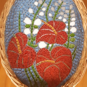 Oval Mosaic Serving Tray: Floral Glass Art, Wicker Rim