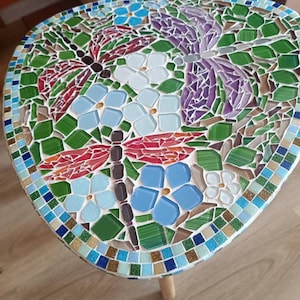 Mosaic coffee table/cute glass table/dragonfly, small, outdoor, floral table/garden decor/home decor/mosaic art/handmade/stunning/wood table