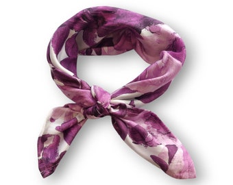 Floral Purple Neck Scarf / Satin Scarf with Artsy Watercolor Flowers / Gift for Her / Birthday Gift / Personal Romantic Gift