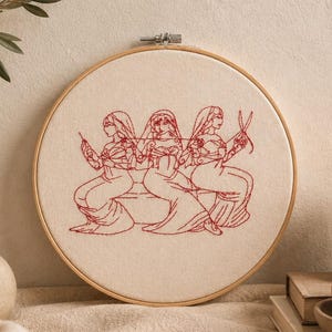 Drei Parzen Stickerei Wand Kunst, Griechische Mythologie Leinen Dekor, Handgefertigter Stickrahmen