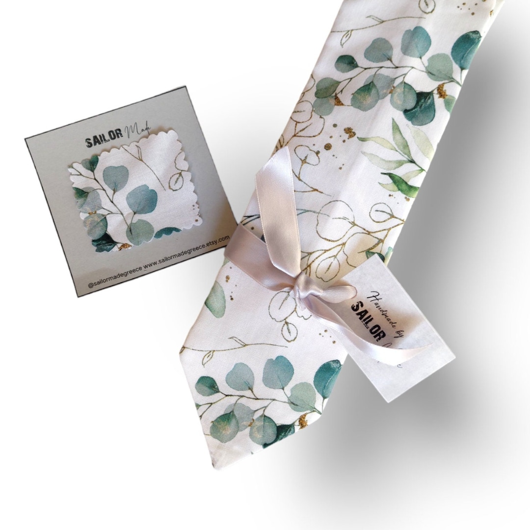 Mens Eucalyptus Green Skinny Tie, Floral Wedding Ties, Neckties for