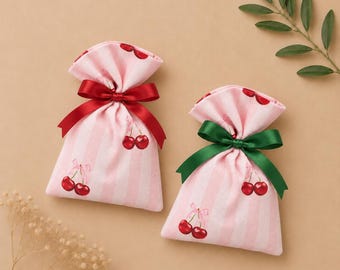 Cherry on Top Gift Bag, Coquette Theme Favor Pouch, Pink Favor Bag with Satin Bow, Birthday Party or Bridal Shower Favor
