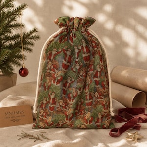 Bolsa de regalo vintage con tapiz de Papá Noel, bolsa de regalo navideña reutilizable, bolsa de tela tejida con cordón.