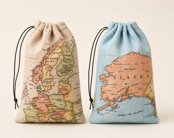 World Map Favor Bags, Destination Wedding Cotton Drawstring Pouches, Travel Theme Favors