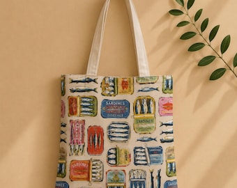 Sardine Tote Bag, Large Market Tote, Mediterranean Beach Bag, Coastal Shopping Tote, Fish Print Tote
