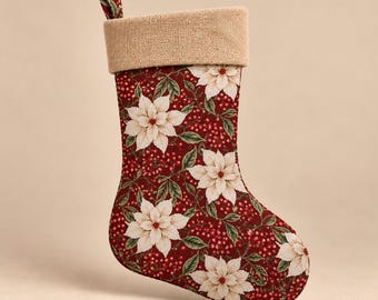 Personalized Christmas Stocking, Burlap Cuff, Red Poinsettia Floral, Embroidered Name