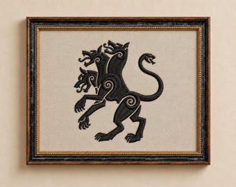 Cerberus Embroidery on Black Gold Wooden Frame, Greek Mythology Embroidery , Gothic Mythology Art