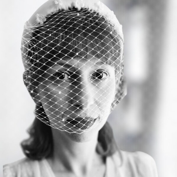 Bridal Padded Headband with Veil / Organza Flowers Veil Headpiece / Bride's Birdcage Veil