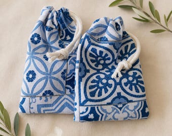 Mediterranean Tile Favor Bags – Blue Cotton Pouches for Greek Wedding Decor