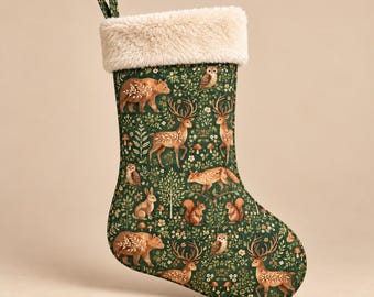 Personalized Woodland Christmas Stocking, Embroidered Name Stocking, Forest Animal Holiday Stocking, Custom Rustic Christmas Decor