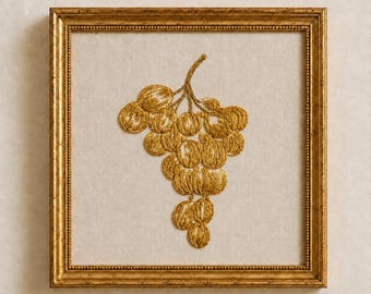 Grape Embroidery Wall Art, Golden Embroidery Art, Cottagecore Wine Gift