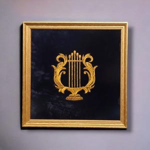 Golden Lyre Embroidery: Velvet Framed Wall Art for Music Lovers