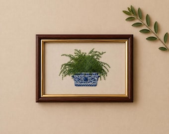 Framed Fern Embroidery Wall Art, Botanical Decor, Blue Chinoiserie Planter, Textile Artwork, Cottagecore
