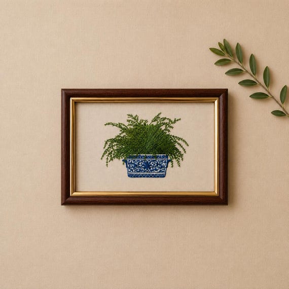 Framed Fern Embroidery Wall Art, Botanical Decor, Blue Chinoiserie Planter, Textile Artwork, Cottagecore