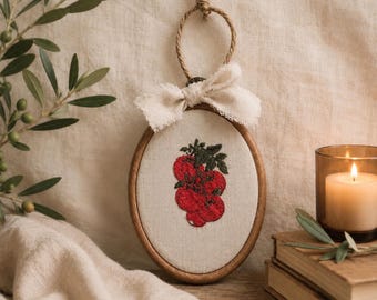 Embroidered Tomato Hoop Art, Rustic Kitchen Wall Decor, Cottagecore Botanical Embroidery on Linen