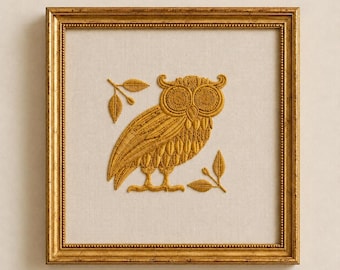 Athena Golden Owl Embroidery Wall Decor, Handmade Greek Inspired Textile Artwork