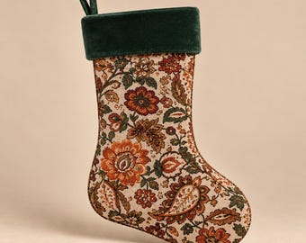 Personalized Floral Christmas Stocking with Green Velvet Cuff