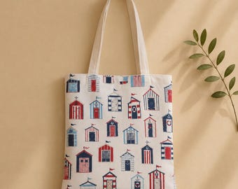 Greek Beach Hut Tote Bag, Large Market Tote, Coastal Beach Bag, Mediterranean Tote