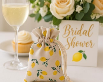 Lemon Favor Bags – 4.7x6.7in Cotton Gift Bags for Summer Weddings, Citrus Bridal Shower Favors, Eco Party Bags