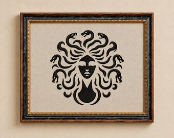 Medusa Embroidery on Black Gold Wooden Frame, Greek Mythology Embroidery , Gorgon Snake Woman, Gothic Mythology Art